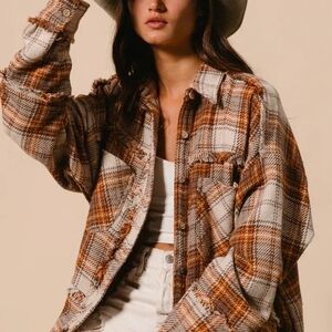 BiBi Plaid Button-Up Frayed Hem Shirt Jacket